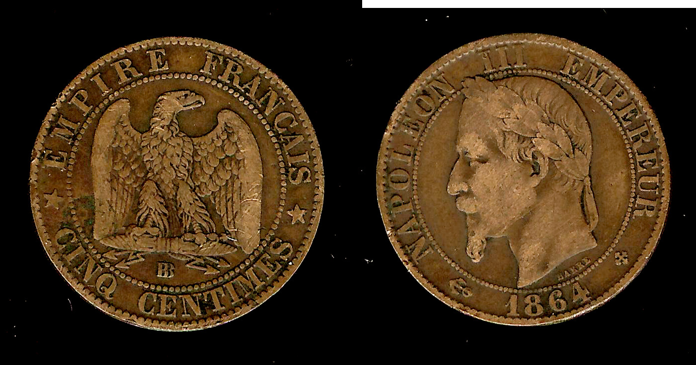 Cinq centimes Napoléon III, tête laurée 1864 Strasbourg TB+ à TT